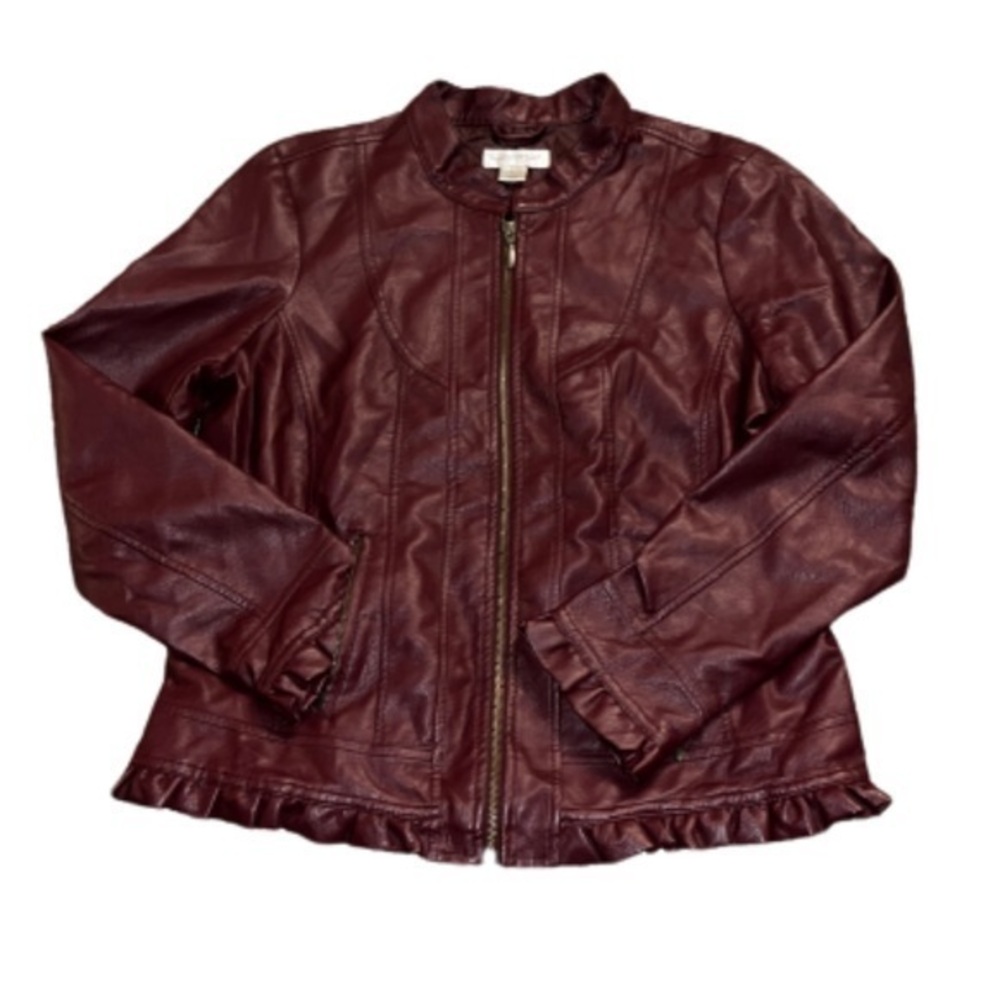 Christopher & Banks maroon brownish faux leather jacket with ruffled hem size M